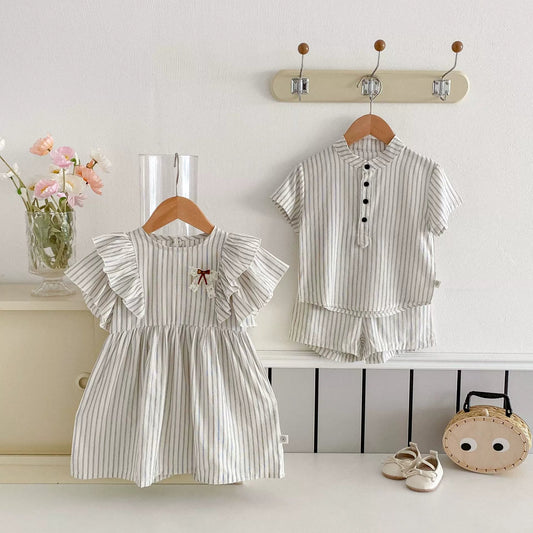 Children's striped dress and shirt set 