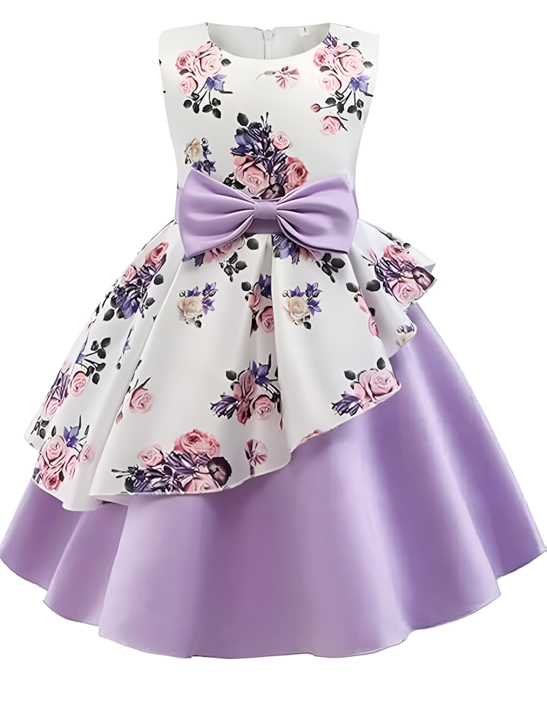 Floral dress with a large purple bow 