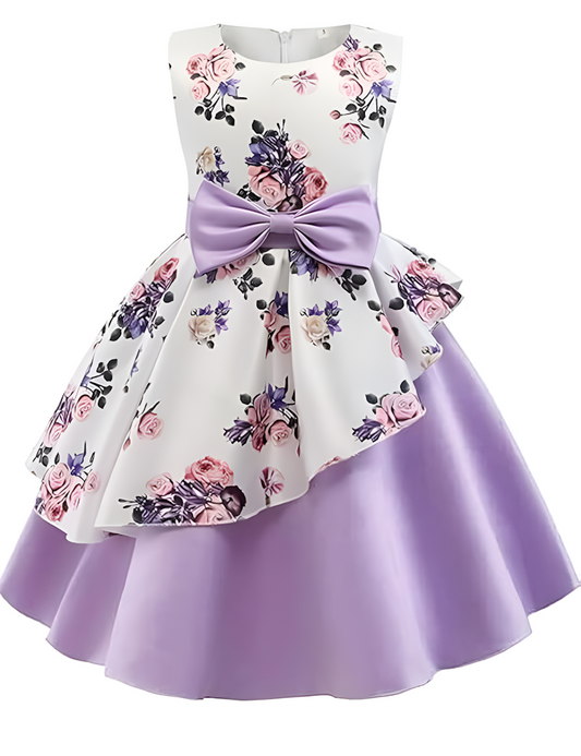 Floral dress with a large purple bow 