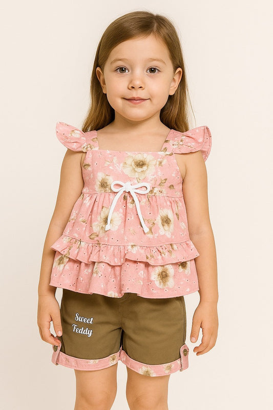 Girls Party(Festive) Top Shorts  (Pink And Brown),(Size 1-2 Year)