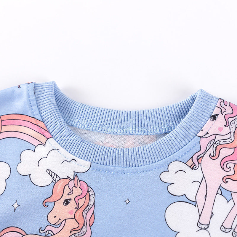Autumn Arrival Kids Girls Unicorn Cartoon Pattern Crew Neck Long